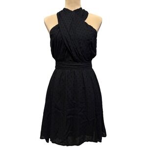 LOFT Dress Womens 2 Black Swiss Dot Halter Criss Cross Neck Fit & Flare 34972151